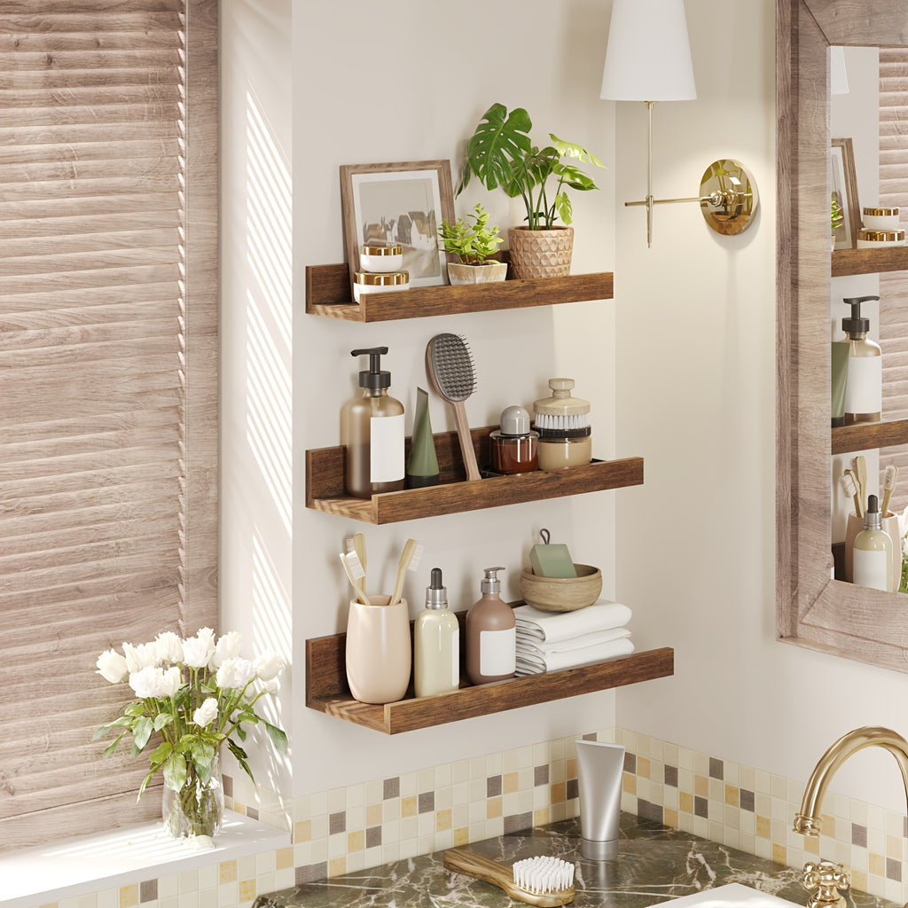Floating Wall Shelves Set of 3, Wall Mounted Display Shelf 3 Sizes Heavy Duty Brown Storage Rack – Space Saving Home Organizer for Bathroom Bedroom Living Room Kitchen
