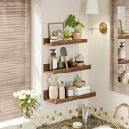 Floating Wall Shelves Set of 3, Wall Mounted Display Shelf 3 Sizes Heavy Duty Brown Storage Rack – Space Saving Home Organizer for Bathroom Bedroom Living Room Kitchen