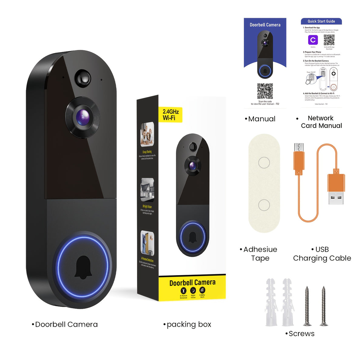 1080P Video Doorbell Camera Wireless – Intelligent Body Detection, Two-Way Audio, Infrared Night Vision, Cloud Storage, Real-Time View, 5200mAh Battery, Black Linen