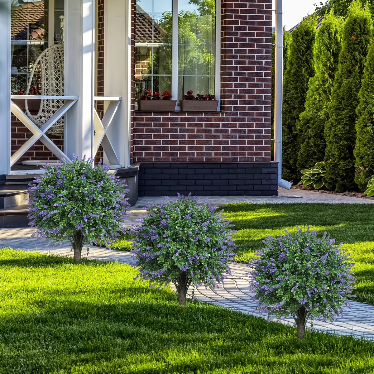 Artificial Lavender Topiary Ball Trees 2 Pack with Ground Spike – UV Resistant Faux Cedar Evergreen Shrubs for Outdoor Front Porch, Garden, Backyard & Indoor Home Decor