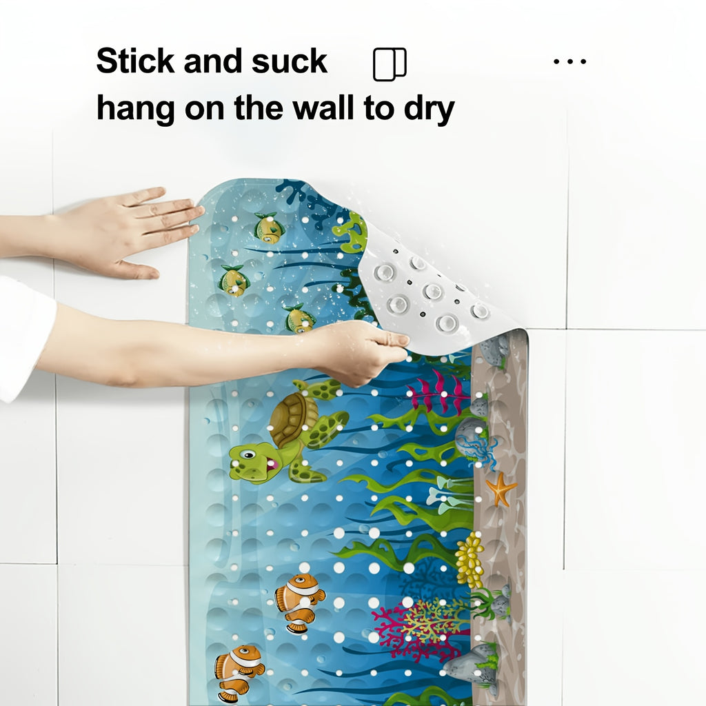 Non-Slip Bathtub Mat with Suction Cups & Drain Holes – PVC Shower Mat 40x16, Cushioned, Machine Washable, Fun Ocean Designs for Kids & Adults