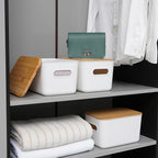 Storage Bins with Lids Wood Top, Plastic Stackable Storage Containers with Handle & Labels, Organizer Boxes for Home, Office, Bookshelf, Playroom & Medicine Cabinet, White, Set of 1/2/4/8