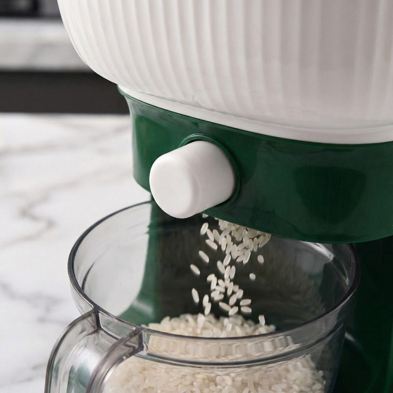 Rice Dispenser Large Capacity 22LB 6-Chamber Sealed Grain Storage Container with Measuring Cup & Transparent Window – Moisture & Insect Resistant One-Click Pantry Organizer for Rice Beans Flour Pet Food