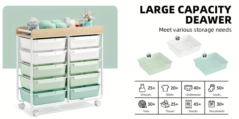 10-Tier Rolling Storage Cart with Drawers and Tabletop Portable Utility Organizer for Home Office Classroom Art Supplies Crafts Cosmetics Green White Rainbow