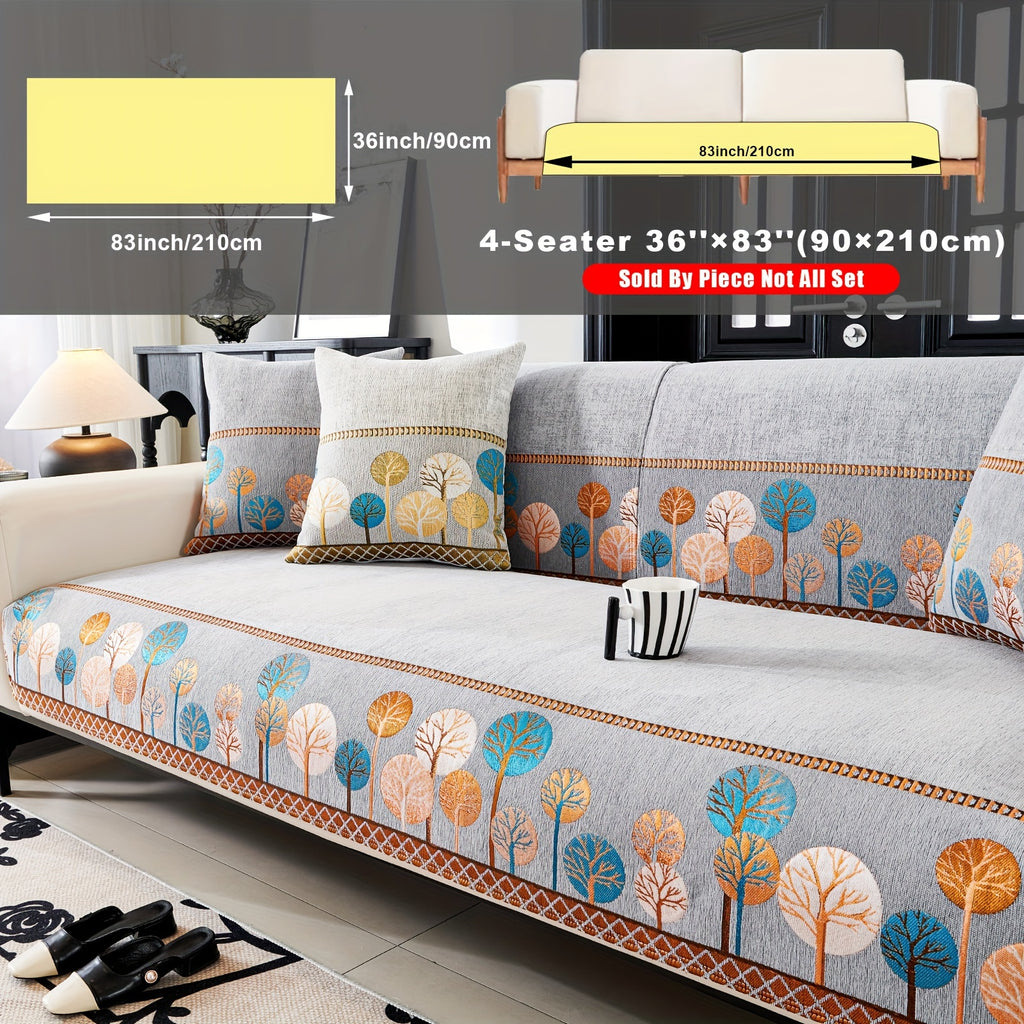 Bohemian Chenille Sofa Cover Tree Embroidery Print Thick Non-Slip Pet Friendly One-Piece Couch Protector Armchair Loveseat 3 4 Seater