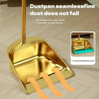 Premium Golden Stainless Steel Broom with Microfiber Bristles & 15° Angled V-Edge Dustpan – Floor-Safe, Hair-Trapping, Rubberized Bumper for Indoor & Outdoor Sweeping | Broom Only or Set