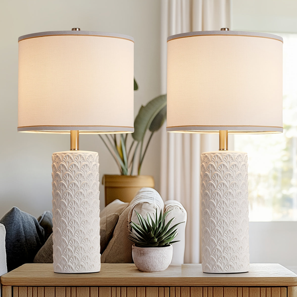 27" Modern Ceramic Table Lamp Set of 2 – Farmhouse Bedside Lamps with 3 Color Temperatures for Bedroom, Living Room & Office (LED Bulb Included)