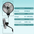 Industrial Wall-Mount Oscillating Fan – 7000 CFM High Velocity, 3-Speed, 120° Auto-Swing, Ultra-Quiet <55dB, for Home, Garage & Warehouse | 20” / 24” / 30”