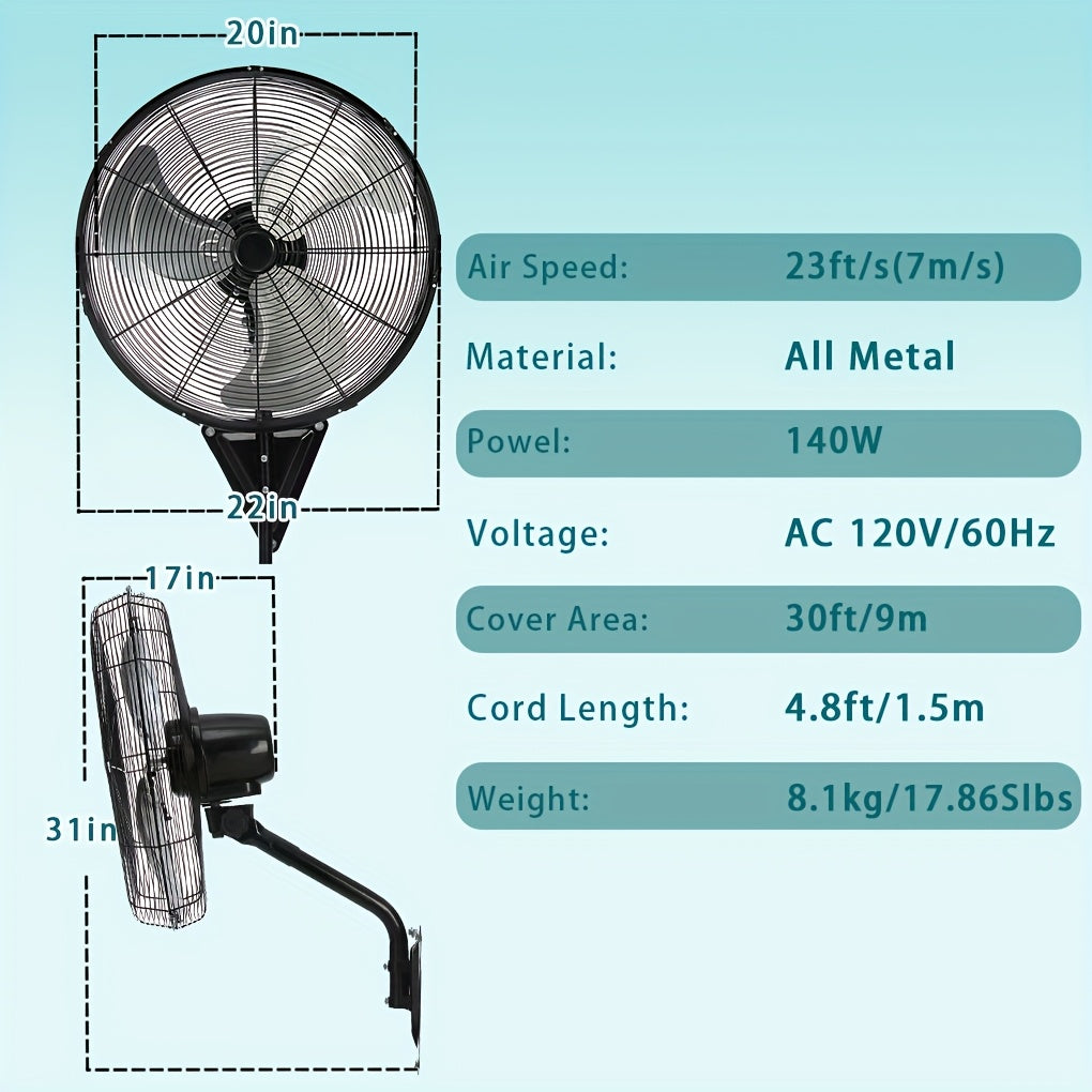Industrial Wall-Mount Oscillating Fan – 7000 CFM High Velocity, 3-Speed, 120° Auto-Swing, Ultra-Quiet <55dB, for Home, Garage & Warehouse | 20” / 24” / 30”