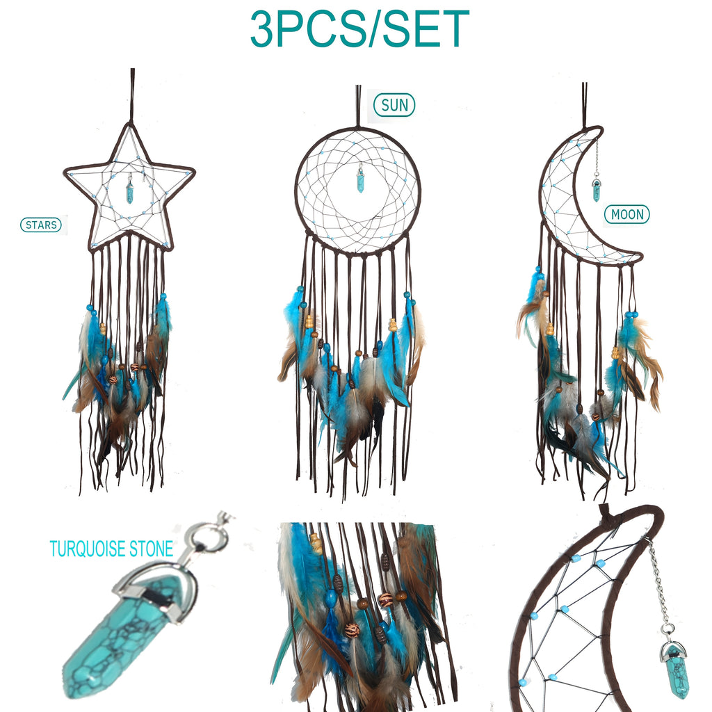 Dream Catcher Wall Decor Set of 3 – Star Moon Sun Boho Room Decor for Teen Girls & Kids Bedroom
