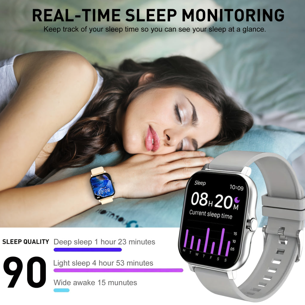 Large Screen Smartwatch with HD Voice Call, Multiple Sports Modes, Sleep Detection & Customizable Watch Faces – Compatible with Android & iPhone, Silicone Band