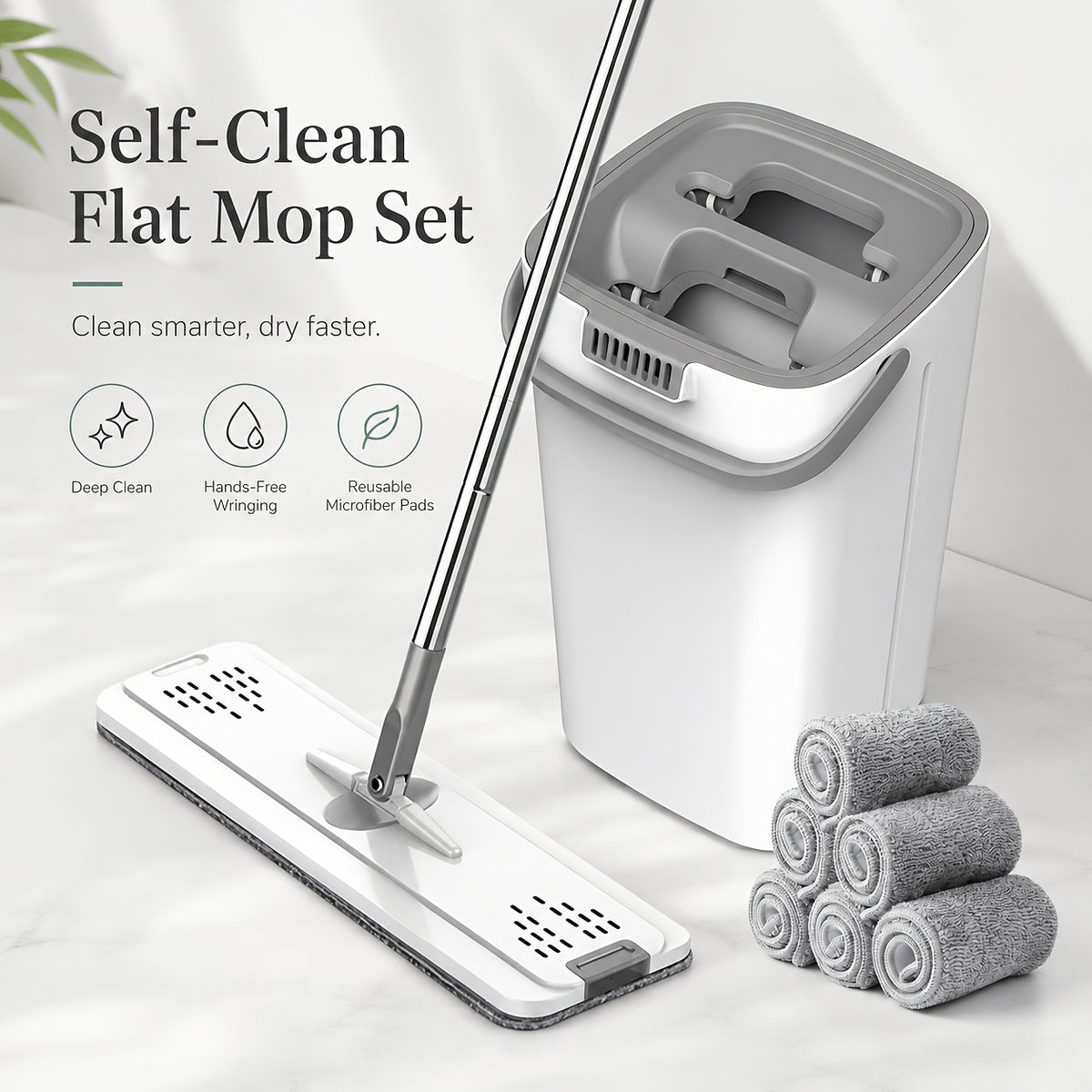 Flat Mop and Bucket Set Self-Cleaning – 6 Washable Microfiber Pads, Hands-Free Wringing Wet Dry Floor Mop for Hardwood, Tile & Laminate
