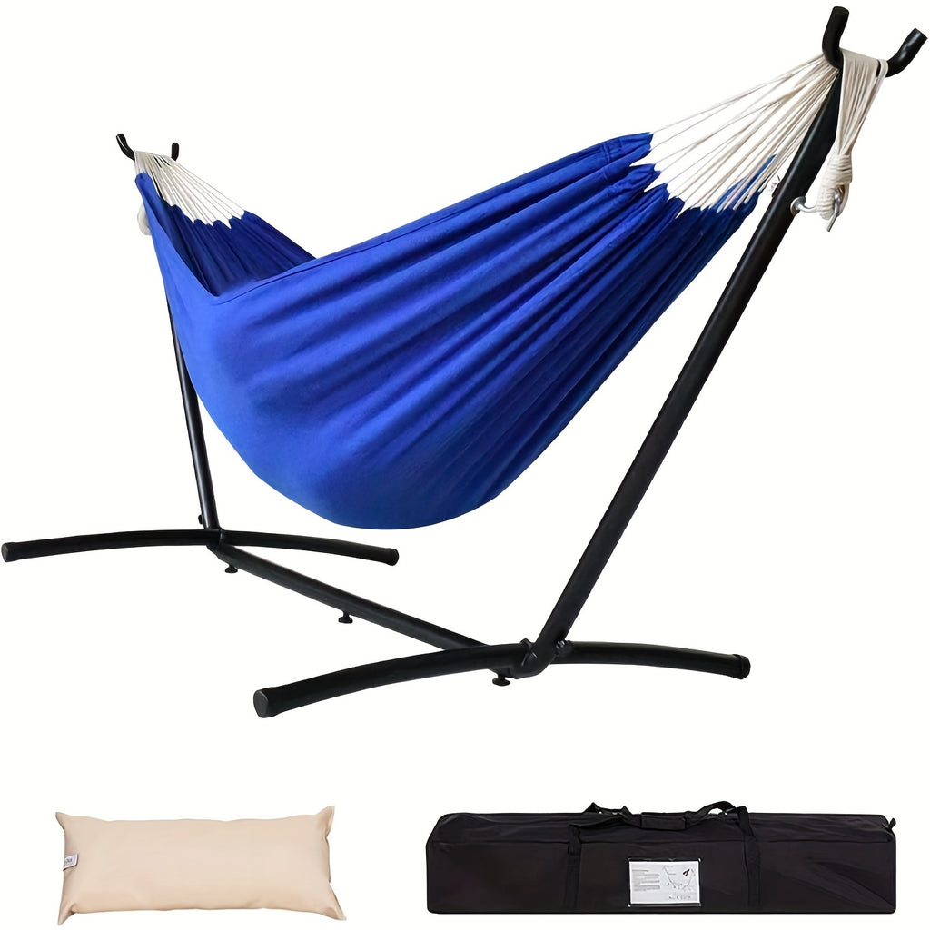 Heavy-Duty Double Hammock with Steel Stand – 450 lbs Capacity, 100% Linen Canvas, Carry Case & Head Pillow Included, No Assembly, Portable for Patio, Backyard, Camping & Balcony | 4 Colors