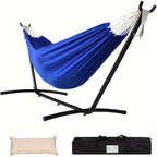 Heavy-Duty Double Hammock with Steel Stand – 450 lbs Capacity, 100% Linen Canvas, Carry Case & Head Pillow Included, No Assembly, Portable for Patio, Backyard, Camping & Balcony | 4 Colors