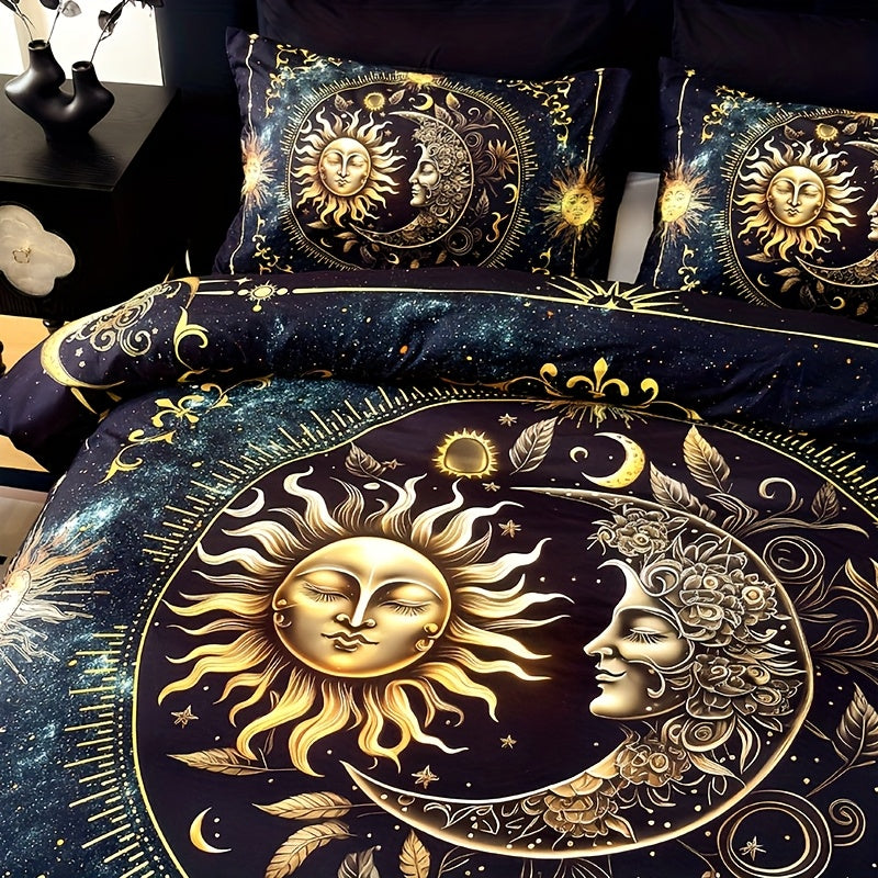 Celestial Sun Moon Duvet Cover Set 3 Piece - Soft Breathable Galaxy Planet Print Bedding Twin Full Queen King Dorm Bedroom No Insert