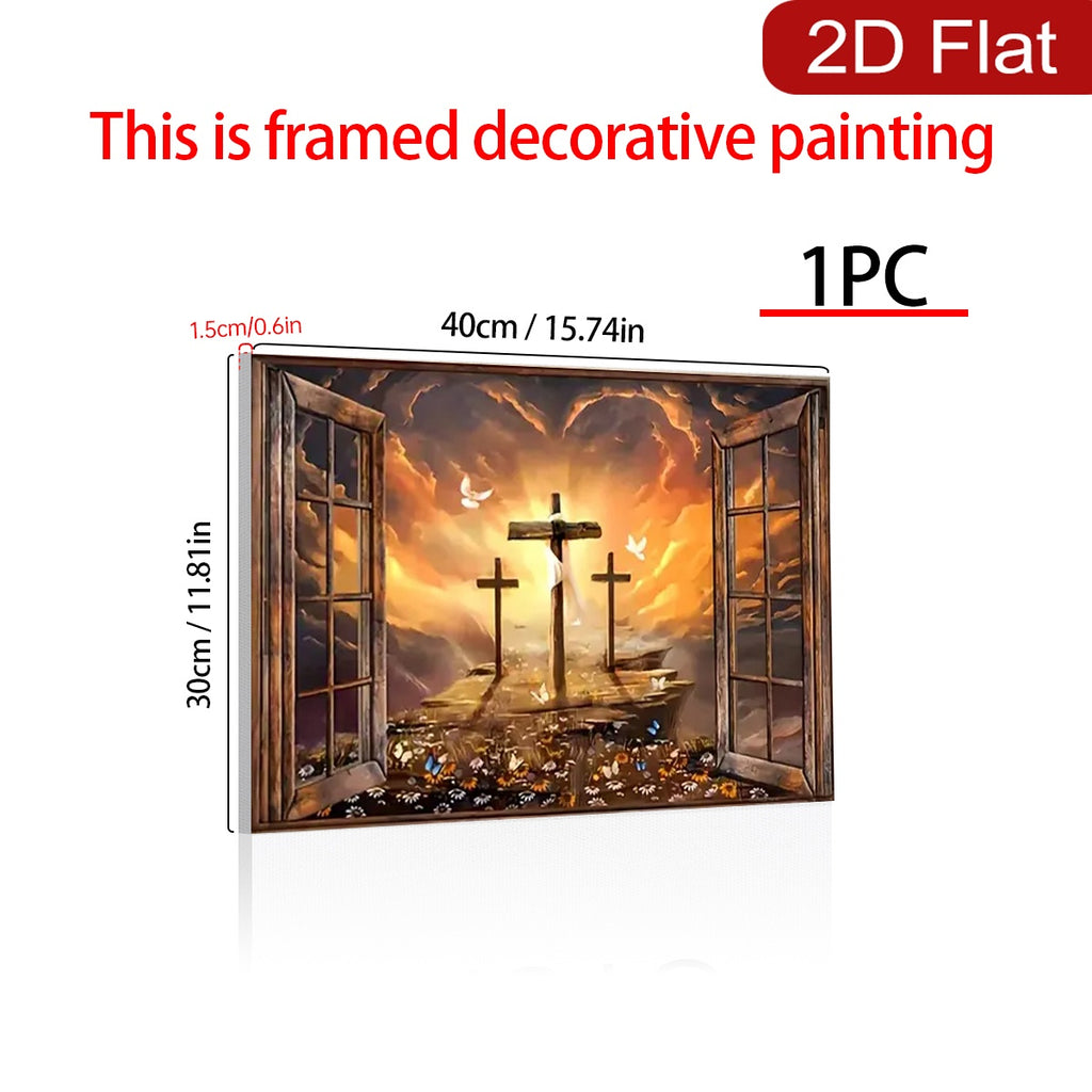 Framed Canvas Wall Art - Sunset Three Crosses Christ Landscape Window Scene, Religious Home Decor for Living Room & Bedroom, Faith-Inspired Wall Decor Gift