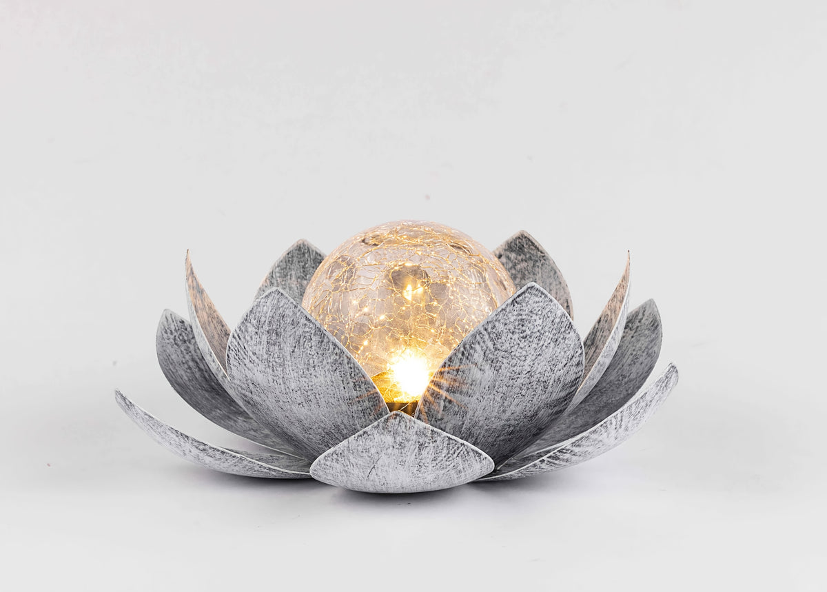 Solar Lotus Flower Garden Light with Cracked Glass Globe & LED Beads, Waterproof Outdoor Stake Light for Patio, Lawn, Steps & Yard, Auto Dusk-to-Dawn, Black White Solar Decorative Landscape Light