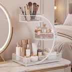 3-Tier Metal Makeup & Cosmetic Storage Rack, No-Install Countertop Organizer for Vanity, Dressing Table & Bathroom — Modern Tabletop Display Shelf, White & Dark