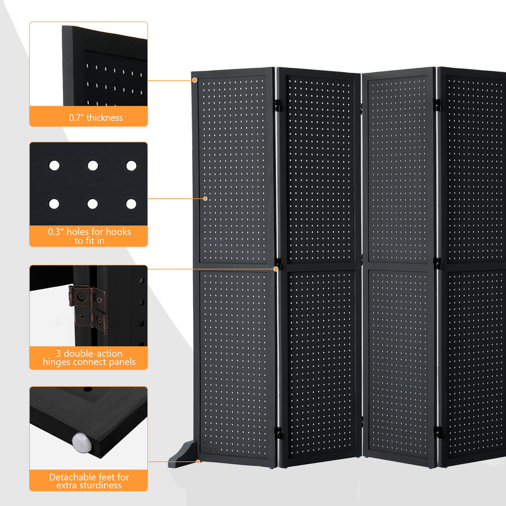 5 FT Freestanding Pegboard Room Divider | Wood Folding Privacy Screen & Display Board Organizer with Support Feet – White, Black, Natural, Grey | Craft Shows, Retail & Home