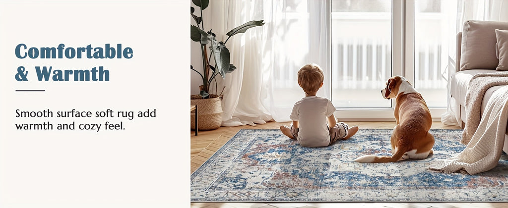 Washable Vintage Area Rug - Chenille Retro Distressed Multi-Print Foldable Lightweight Accent Rug for Entryway Bathroom Kitchen Living Room and Bedroom
