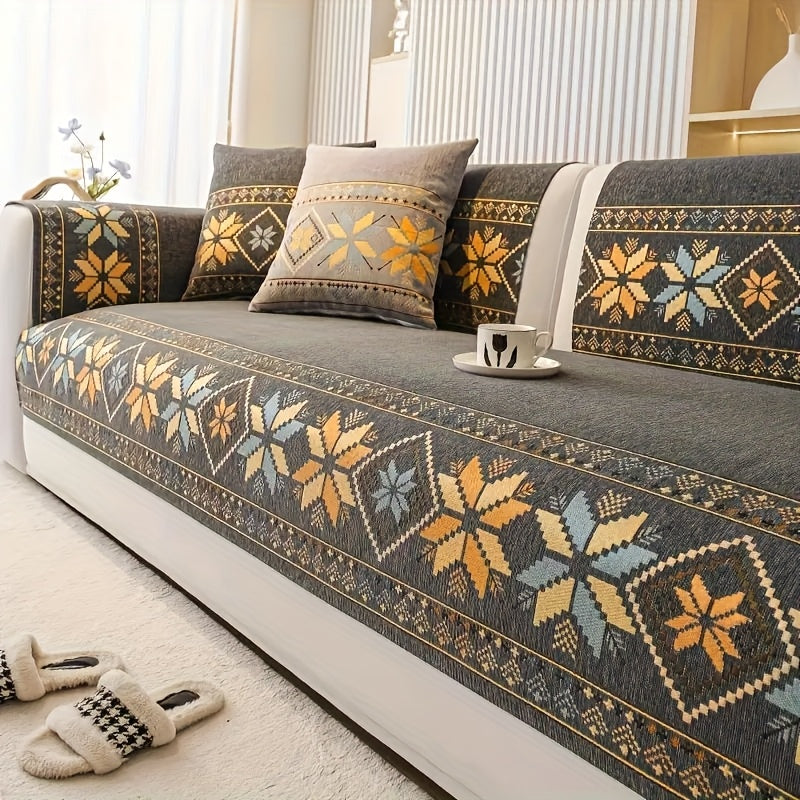 Chenille Sofa Slipcover Non-Slip Removable Couch Cover, 100% Polyester Boho Vintage Style Sofa Towel for 1 to 4-Seater Sofas & Armrests, Four Seasons Universal Home Decor in Dark Gray, Light Gray & Blue