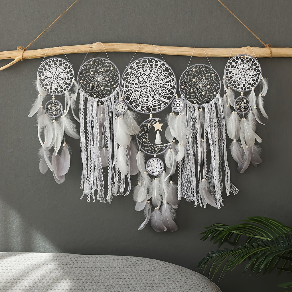 Boho Metal Dreamcatcher Set of 5 with Feathers – Large Multi-Size Wall Hanging Decor for Bedroom in 5 Colors, Spiritual Catcher Gift for Christmas & Graduation