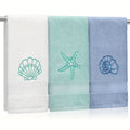 Coastal Hand Towels 3 Pack 100% Cotton - Embroidered Ocean Bathroom Towels 13.78x29.53 Inch, Soft Absorbent Classic Beach Hand Towel Set for Bathroom, Kitchen & Guest Room