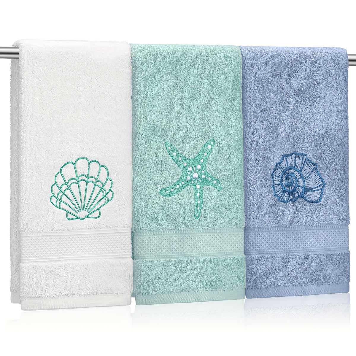 Coastal Hand Towels 3 Pack 100% Cotton - Embroidered Ocean Bathroom Towels 13.78x29.53 Inch, Soft Absorbent Classic Beach Hand Towel Set for Bathroom, Kitchen & Guest Room
