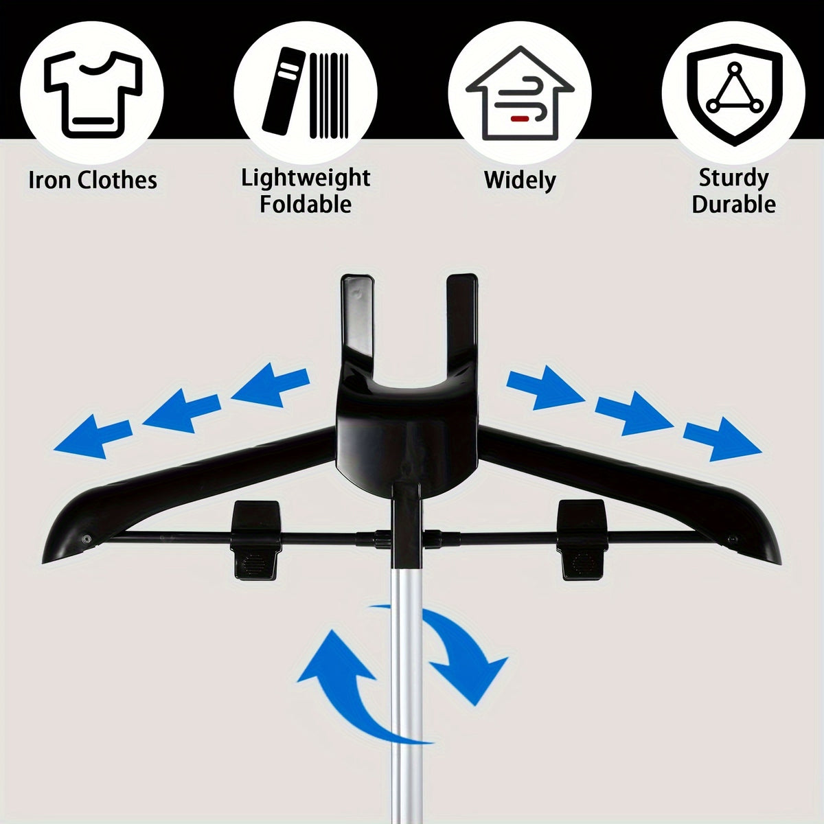 Foldable Ironing Rack & Clothes Drying Rack – Height-Adjustable, 360° Rotating Arm, Space-Saving Telescopic Laundry Stand for Home & Small Spaces | Black & Grey
