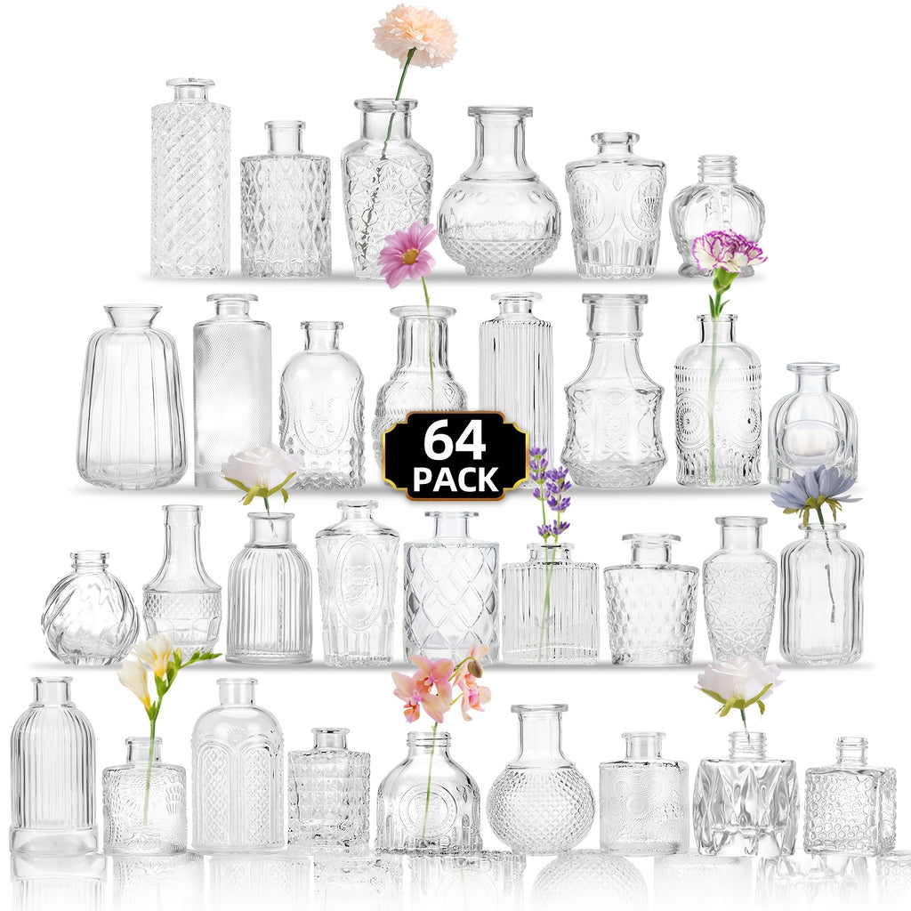 Clear Glass Bud Vases Bulk Set 12/24/64pcs - Small Flower Vases for Rustic Wedding Centerpieces, Banquet, Party & Festival Table Decor, Halloween & Christmas Home Restaurant Decoration