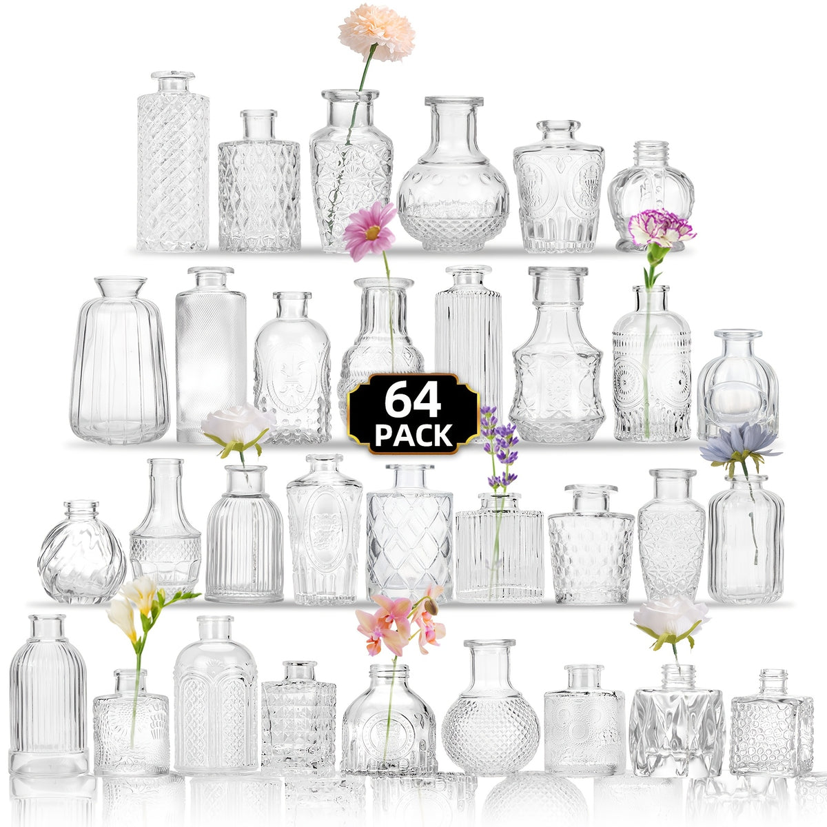 Clear Glass Bud Vases Bulk Set 12/24/64pcs - Small Flower Vases for Rustic Wedding Centerpieces, Banquet, Party & Festival Table Decor, Halloween & Christmas Home Restaurant Decoration