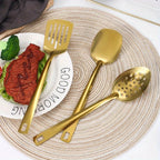 6-Piece Korean Style Stainless Steel Kitchen Utensil Set Golden Plated Cooking Spoons Frying Spatulas Hot Pot Clips with Filters