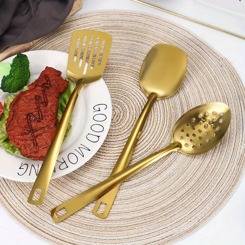 6-Piece Korean Style Stainless Steel Kitchen Utensil Set Golden Plated Cooking Spoons Frying Spatulas Hot Pot Clips with Filters