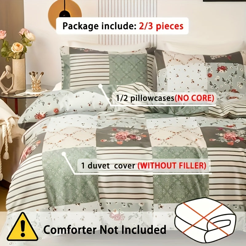 Green Floral Duvet Cover Set 3-Piece – Machine Washable Polyester with Zip Closure & 2 Pillowcases | Twin, Full, Queen, King