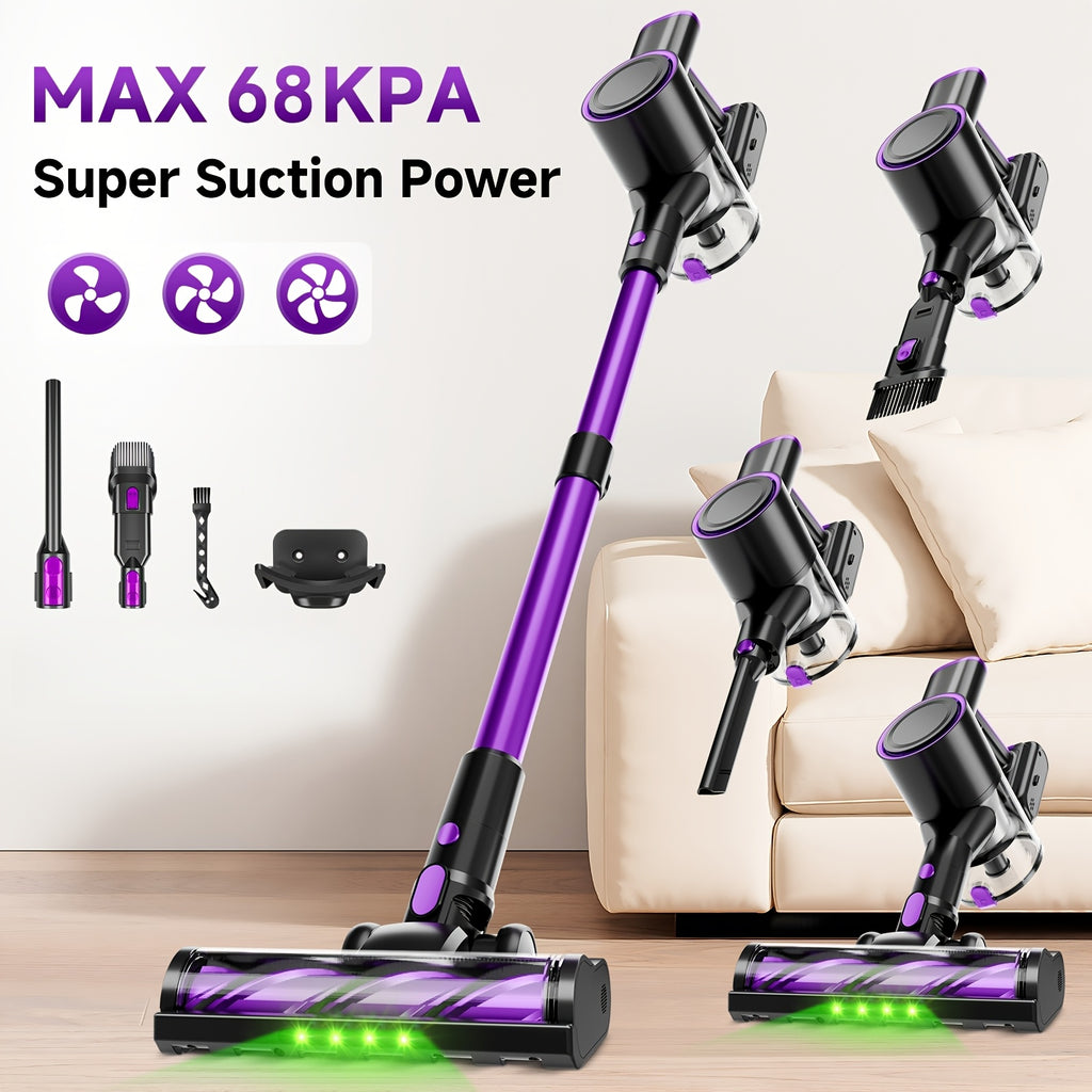 Cordless Stick Vacuum Cleaner 51-68KPa – 3-Speed Adjustable, 45-Min Runtime, Detachable Handheld, LED Floor Brush for Pet Hair, Carpet & Hard Floor