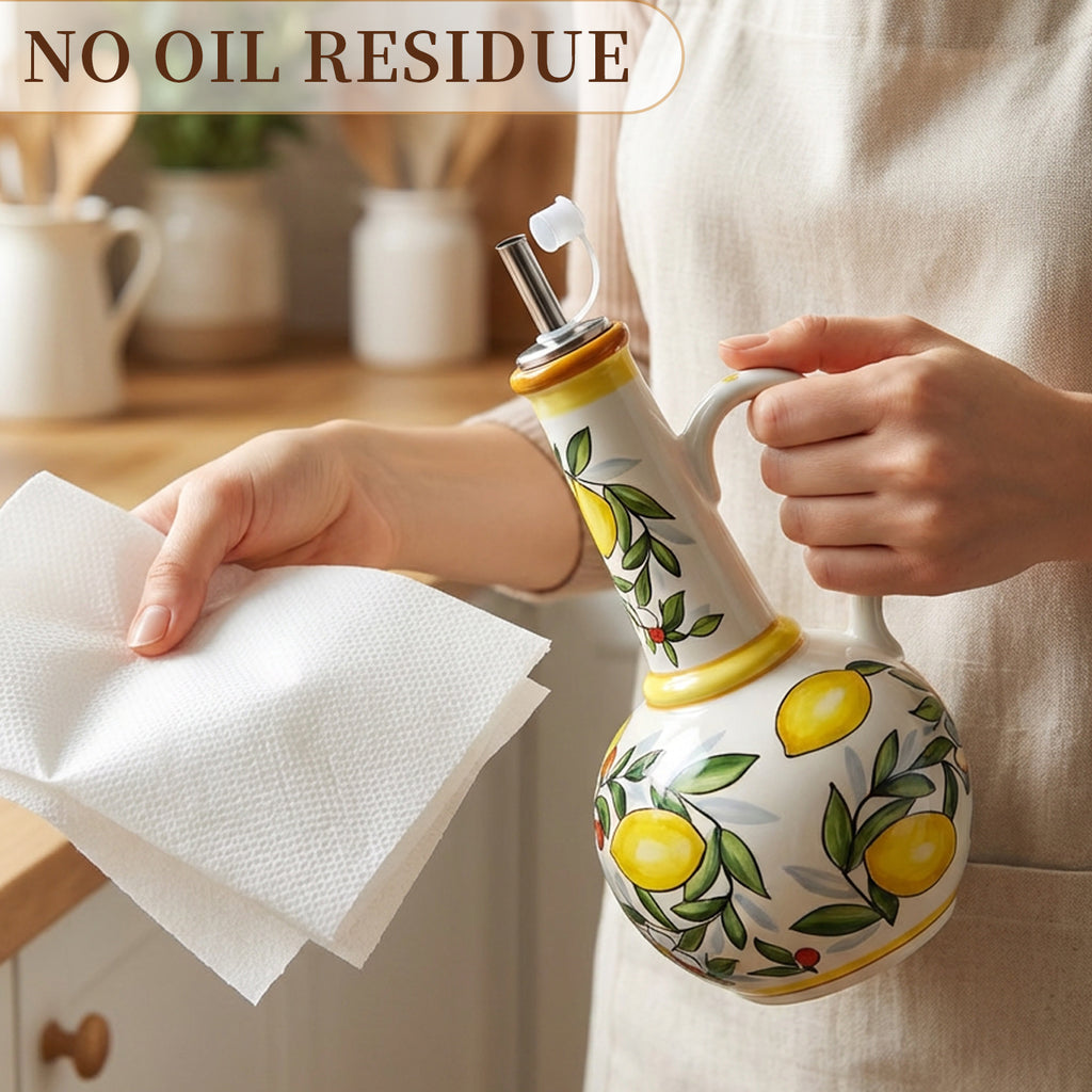 Hand-Painted Ceramic Oil & Vinegar Dispenser Set, Anti-Drip Leak-Proof Underglaze Kitchen Condiment Bottles with Oil Spout & Foot Pad, Artisan Table Serveware, Great Housewarming Gift