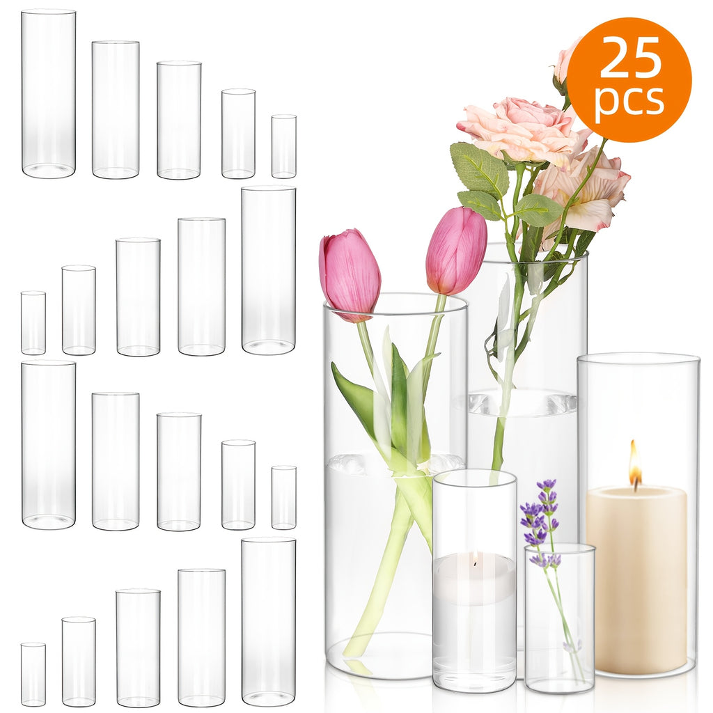 Glass Cylinder Vases Set 15/20/25/30pcs 5 Sizes – Transparent Hurricane Flower Vases for Wedding, Home, Party & Office Decor