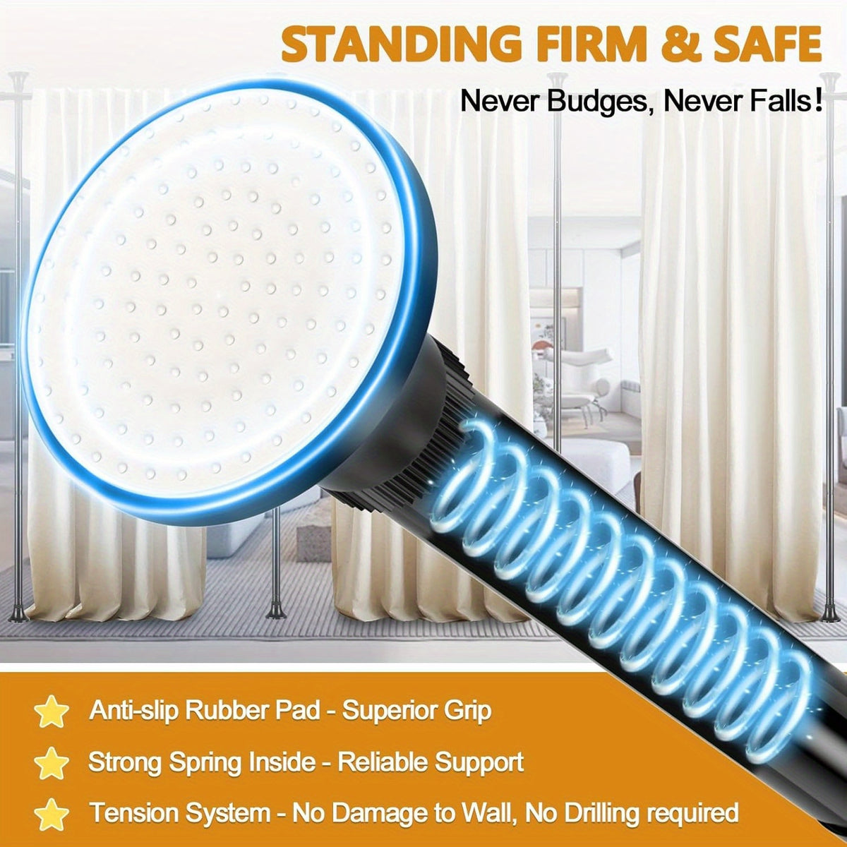 Adjustable Tension Room Divider Curtain Rod – No Drilling, 28–171" Wide, 4–10 ft Floor-to-Ceiling, Heavy Duty, Black & White (Curtains Not Included)