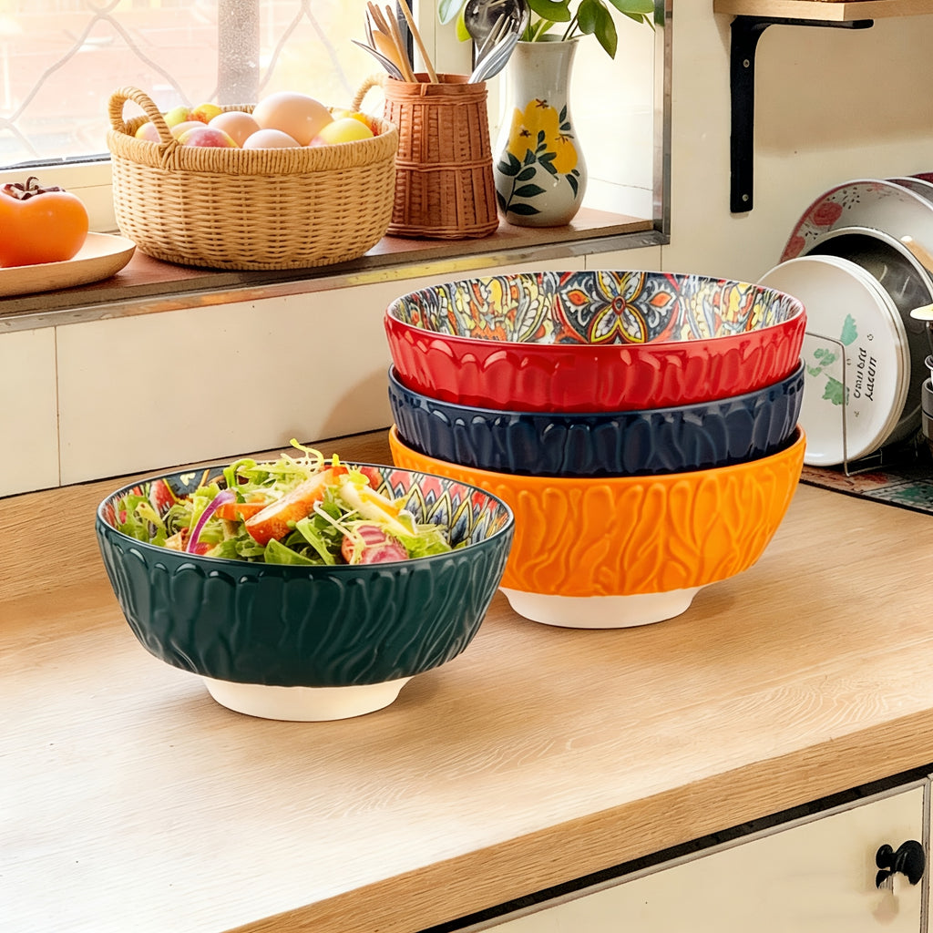 Bohemian Ceramic Salad Bowl Set of 4 with Wavy Edges 6.5" – Microwave Safe Vintage Floral Bowls for Pasta, Soup, Oatmeal & Cereal – Gift-Ready Dinnerware