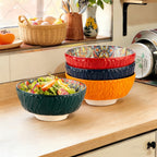 Bohemian Ceramic Salad Bowl Set of 4 with Wavy Edges 6.5" – Microwave Safe Vintage Floral Bowls for Pasta, Soup, Oatmeal & Cereal – Gift-Ready Dinnerware