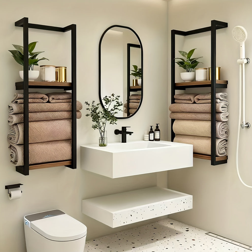 Double Layer Wall Mounted Towel Rack – French Countryside Style Iron Bathroom Storage Rack for Towels & Toiletries, Sturdy Walnut Black Metal Organizer, 1 or 2 Piece Set
