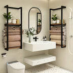 Double Layer Wall Mounted Towel Rack – French Countryside Style Iron Bathroom Storage Rack for Towels & Toiletries, Sturdy Walnut Black Metal Organizer, 1 or 2 Piece Set
