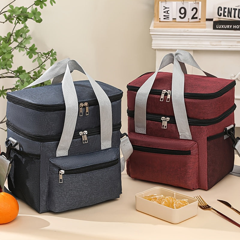 Large Capacity Insulated Lunch Bag with Shoulder Strap Double Pocket Thickened Cooler Tote for Work School Picnic Beach Men Women Black Grey Burgundy