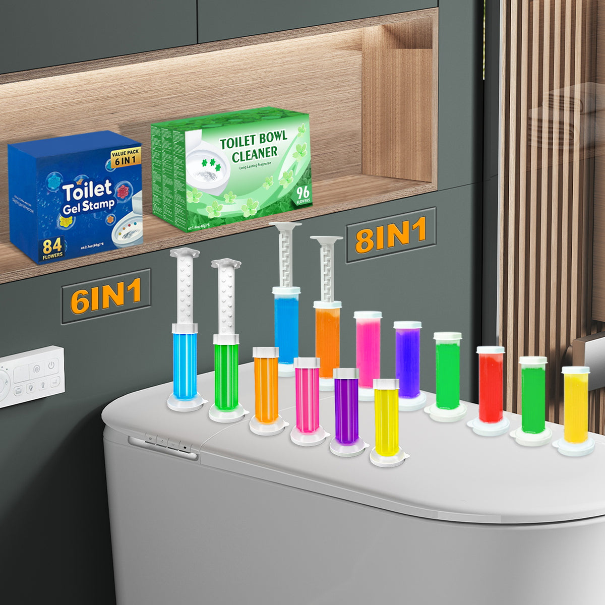 Toilet Cleaning Gel Stamps with Dispenser & Air-Freshening Fragrance – 8 Pieces / 96 Gel Patterns Toilet Bowl Cleaner for Ceramic Surfaces, Bathrooms & Kitchens