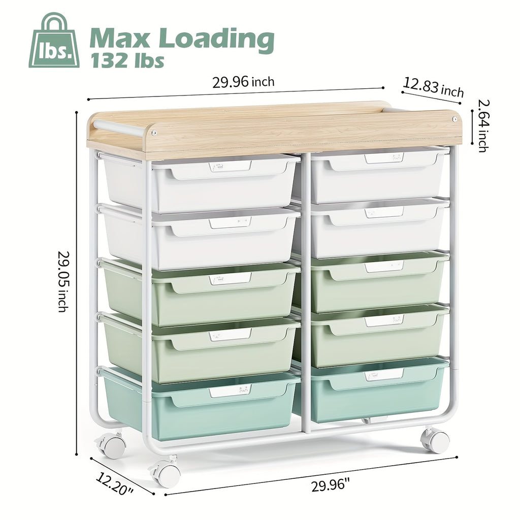 10-Tier Rolling Storage Cart with Drawers and Tabletop Portable Utility Organizer for Home Office Classroom Art Supplies Crafts Cosmetics Green White Rainbow