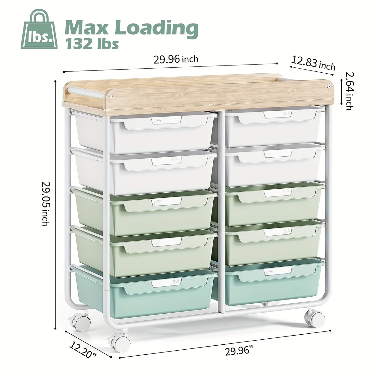 10-Tier Rolling Storage Cart with Drawers and Tabletop Portable Utility Organizer for Home Office Classroom Art Supplies Crafts Cosmetics Green White Rainbow