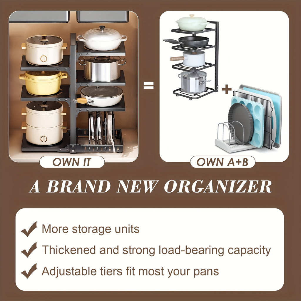 Kitchen Pot Rack Organizer – Multilayer Adjustable Metal Pan Holder, Cutting Board Storage, Detachable Shelves, Space-Saving Countertop Rack for Pots, Pans & Lids