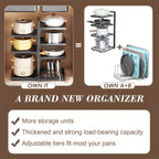 Kitchen Pot Rack Organizer – Multilayer Adjustable Metal Pan Holder, Cutting Board Storage, Detachable Shelves, Space-Saving Countertop Rack for Pots, Pans & Lids