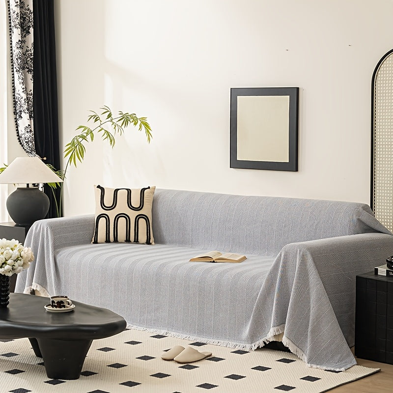 Herringbone Sofa Cover with Tassels – Washable Polyester Throw for 3-Seater, 4-Seater & Large Sofas | Grey, Coffee, Green