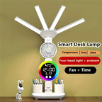 Smart Touch LED Desk Lamp USB Dual Head with Built-in Fan, 3-Color Dimmable, Smart Display, Pen Storage & Night Light – Eye-Caring Study & Home Office Lamp – 1 or 2 Pack